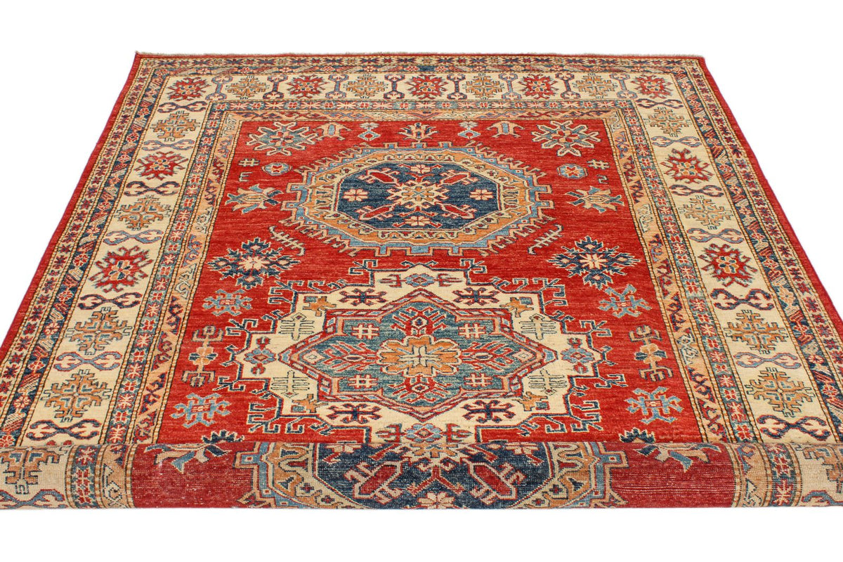 6x9 Red and Ivory Kazak Tribal Rug