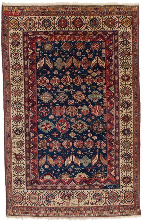 7x10 Navy and Ivory Kazak Tribal Rug
