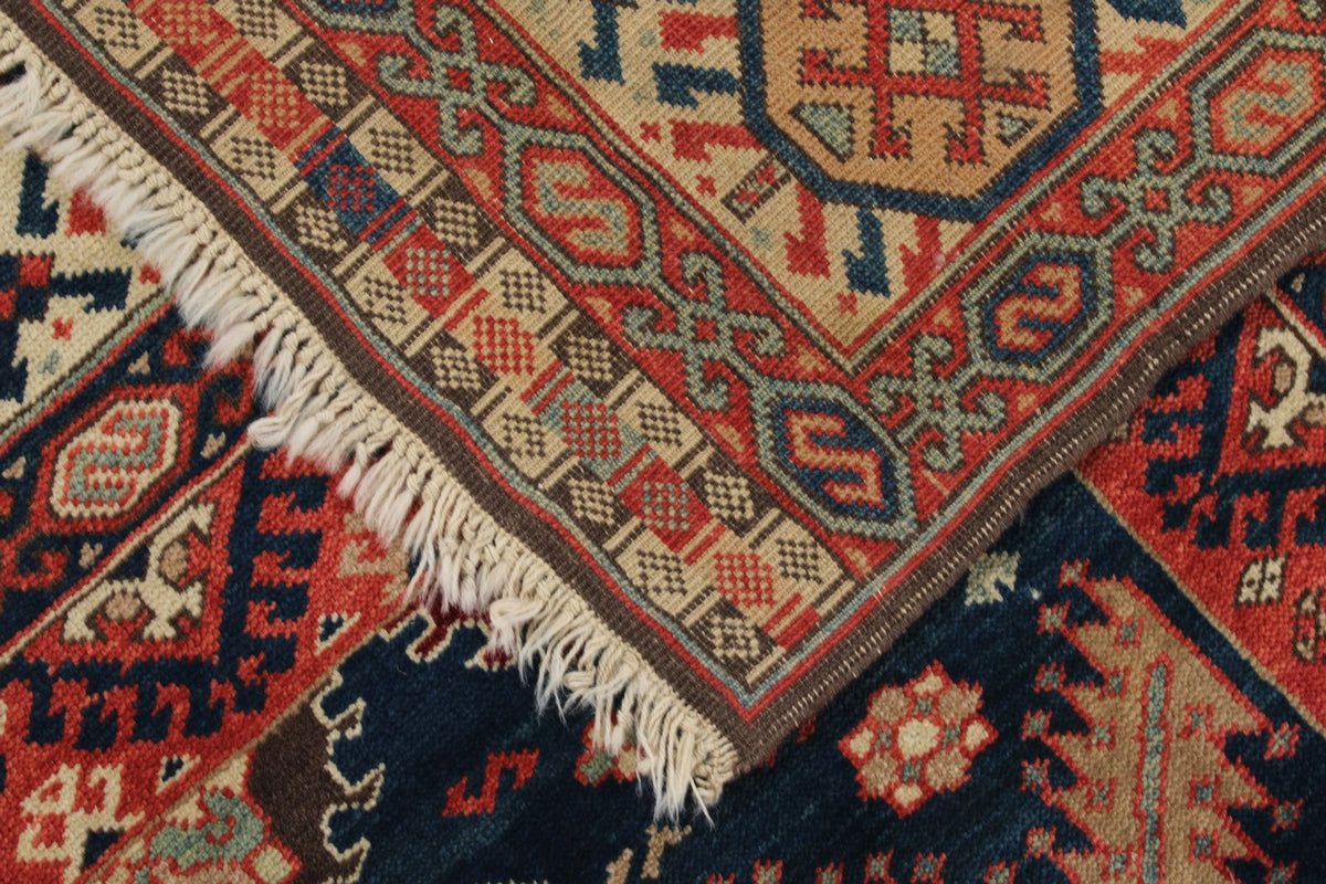 7x10 Navy and Ivory Kazak Tribal Rug