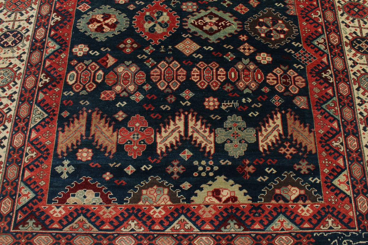 7x10 Navy and Ivory Kazak Tribal Rug
