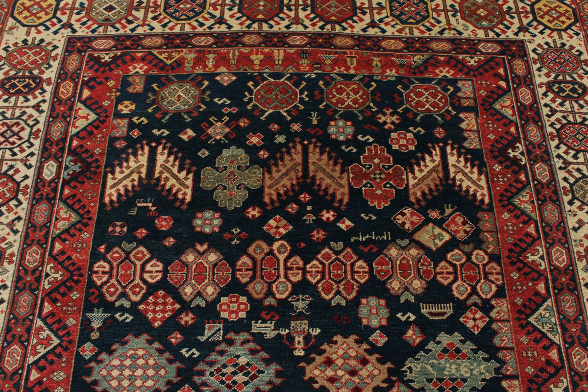 7x10 Navy and Ivory Kazak Tribal Rug