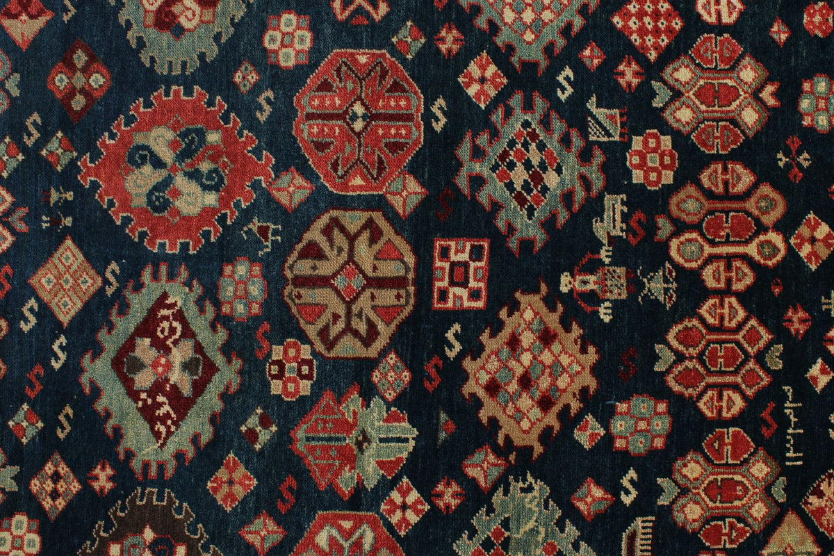 7x10 Navy and Ivory Kazak Tribal Rug