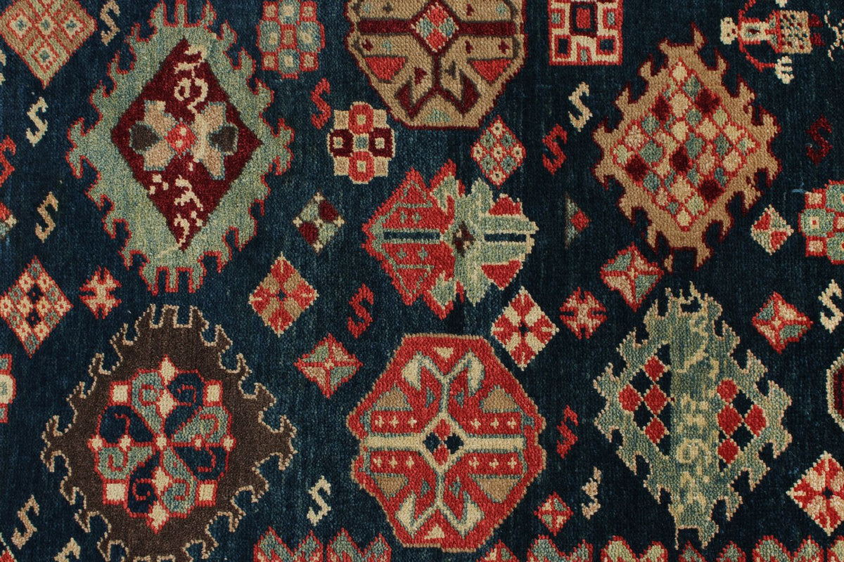 7x10 Navy and Ivory Kazak Tribal Rug