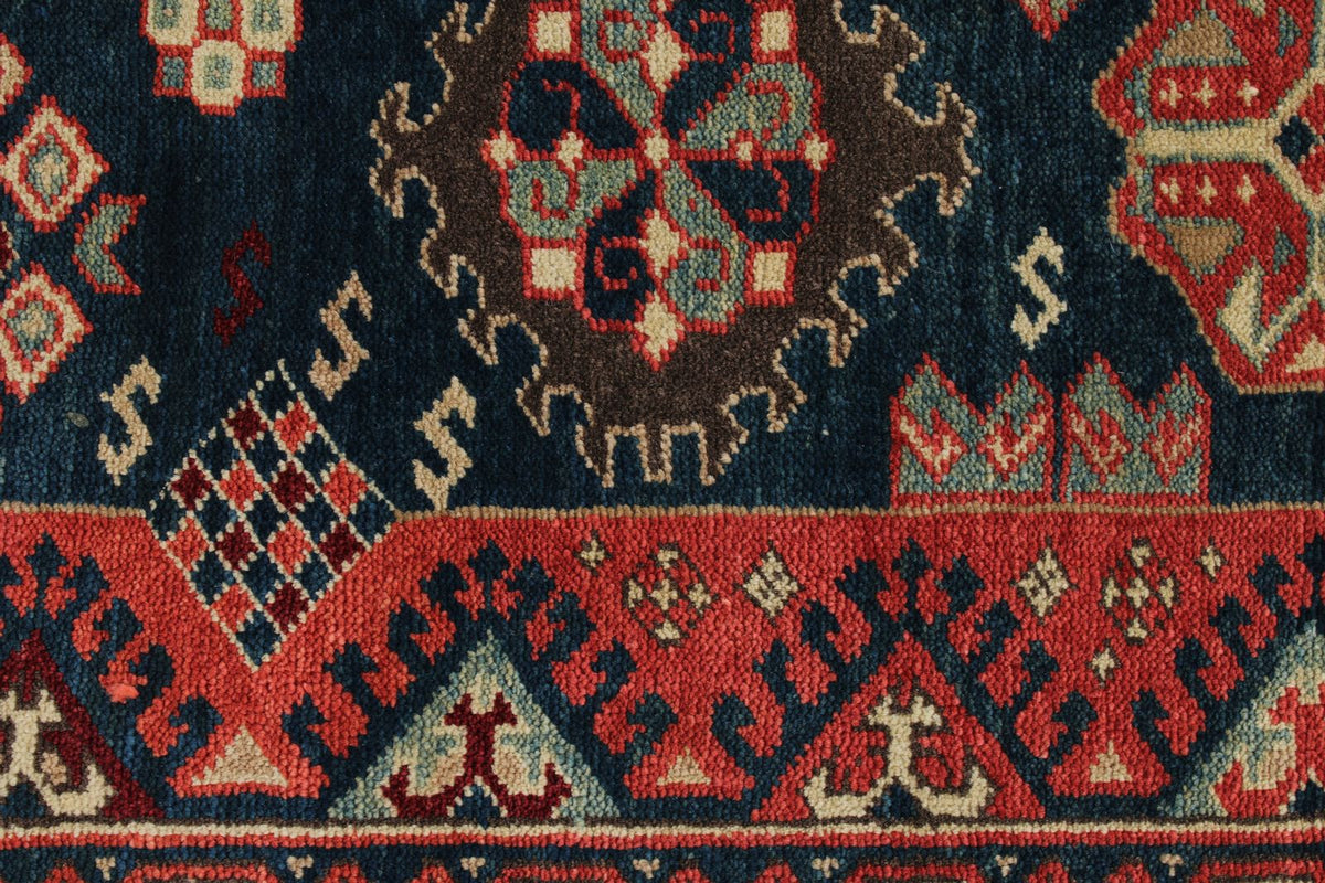7x10 Navy and Ivory Kazak Tribal Rug
