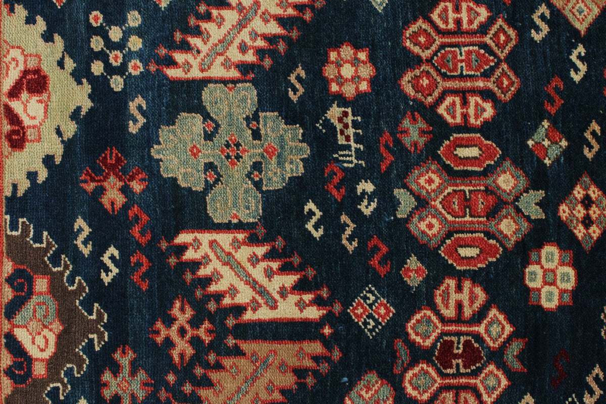 7x10 Navy and Ivory Kazak Tribal Rug