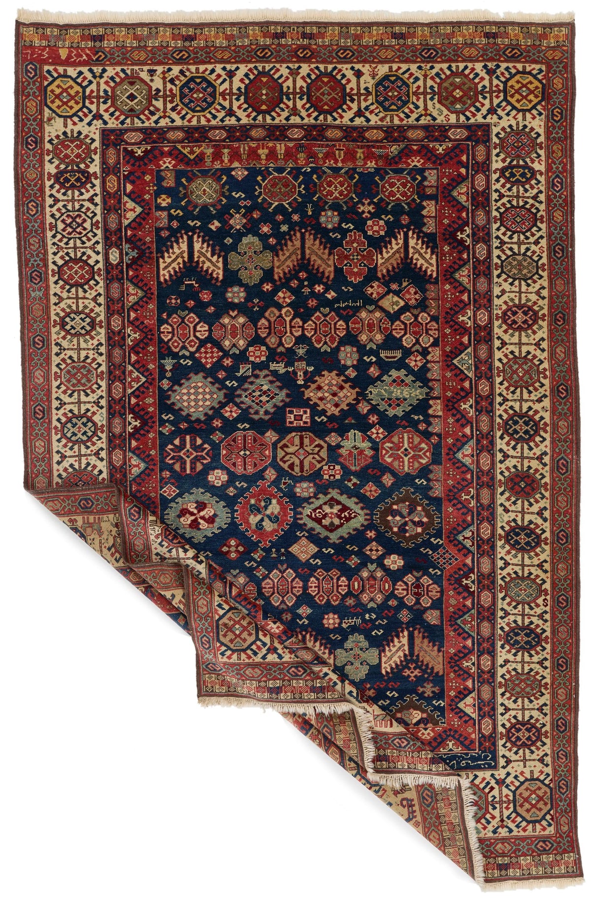 7x10 Navy and Ivory Kazak Tribal Rug