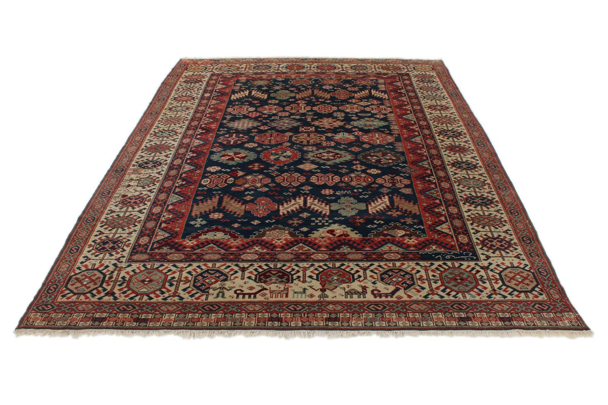 7x10 Navy and Ivory Kazak Tribal Rug