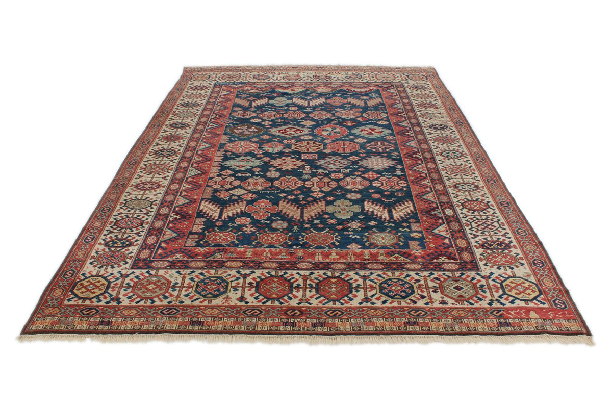 7x10 Navy and Ivory Kazak Tribal Rug