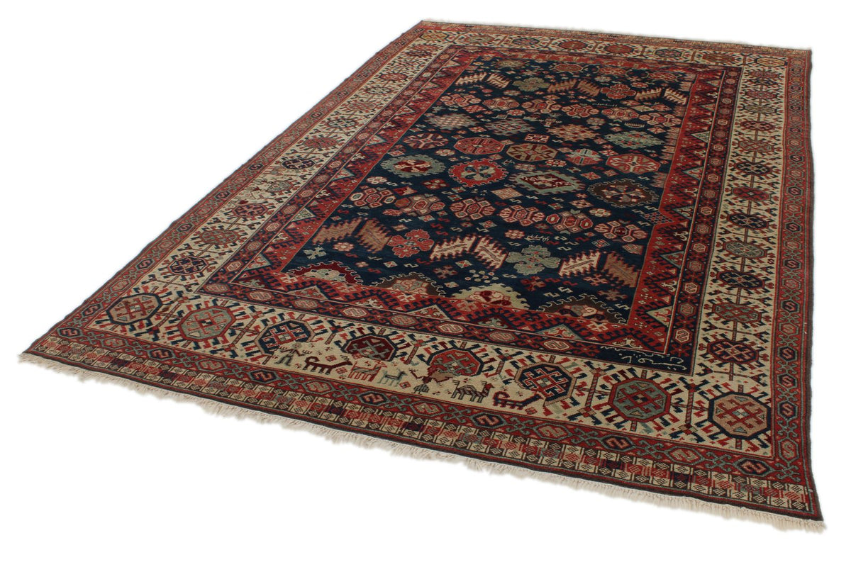 7x10 Navy and Ivory Kazak Tribal Rug