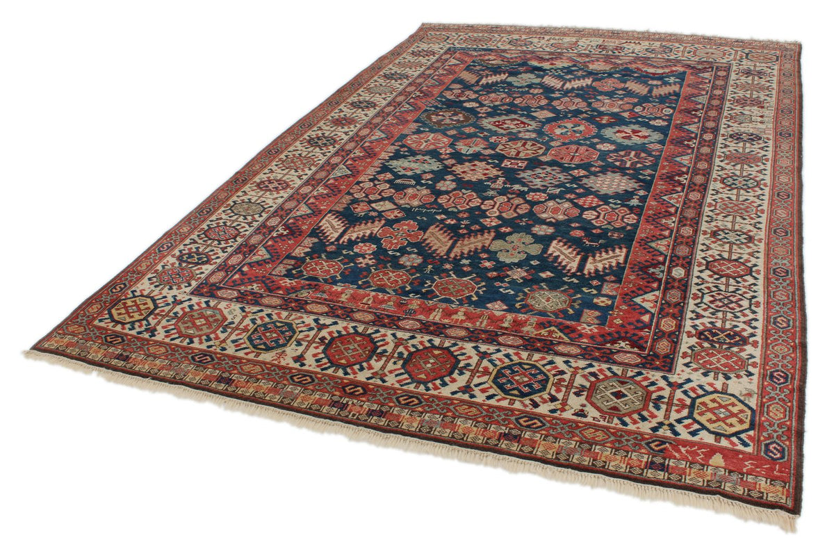7x10 Navy and Ivory Kazak Tribal Rug