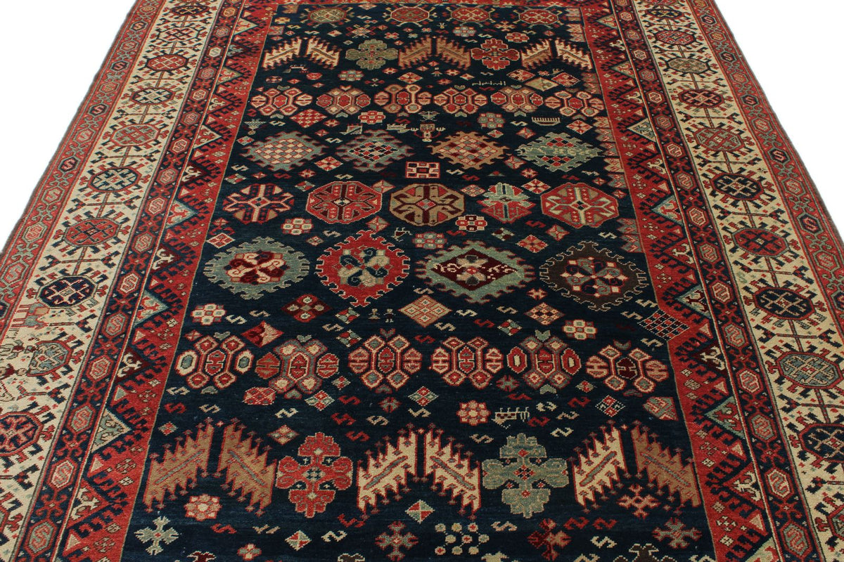 7x10 Navy and Ivory Kazak Tribal Rug