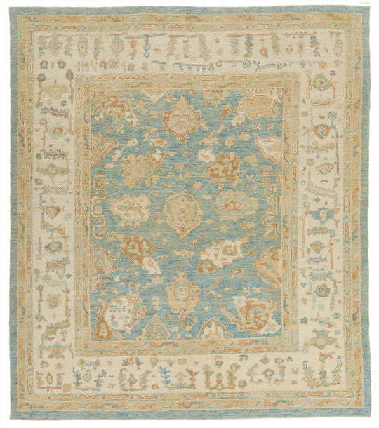 7x8 Blue and Ivory Turkish Oushak Rug