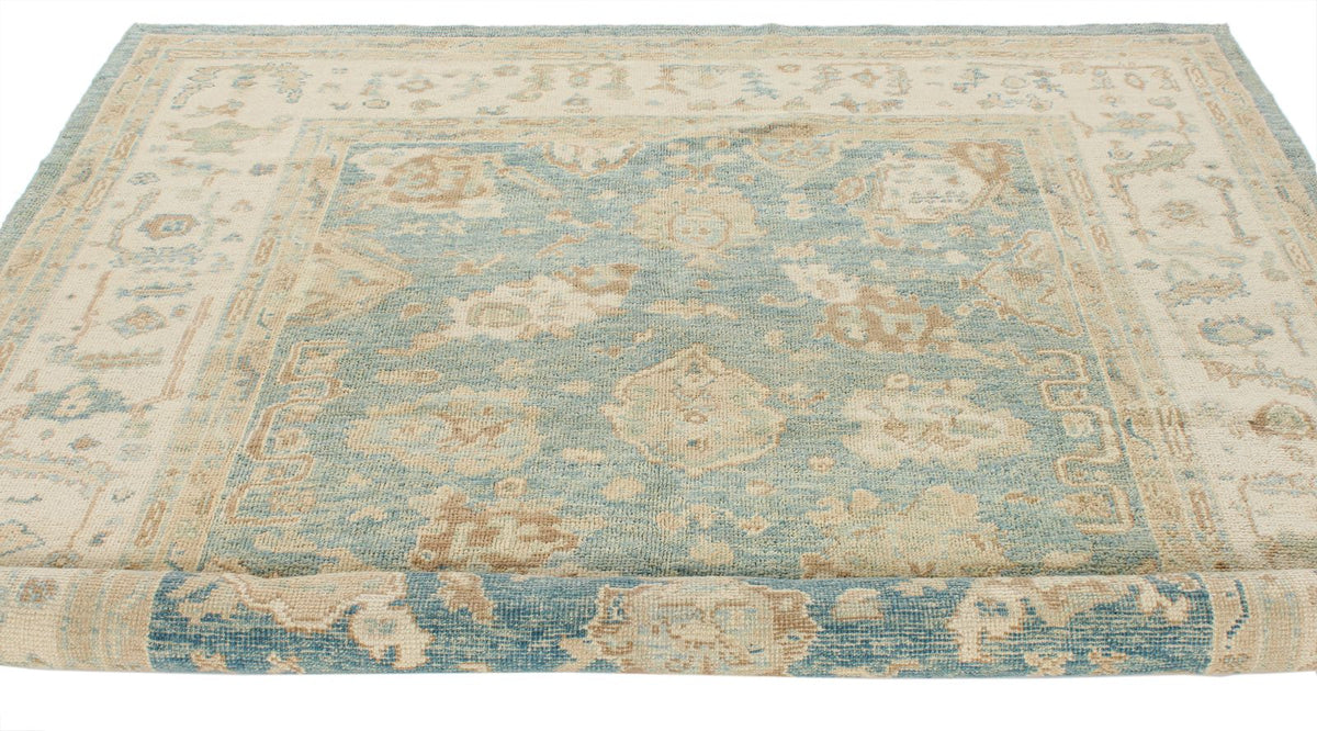7x8 Blue and Ivory Turkish Oushak Rug