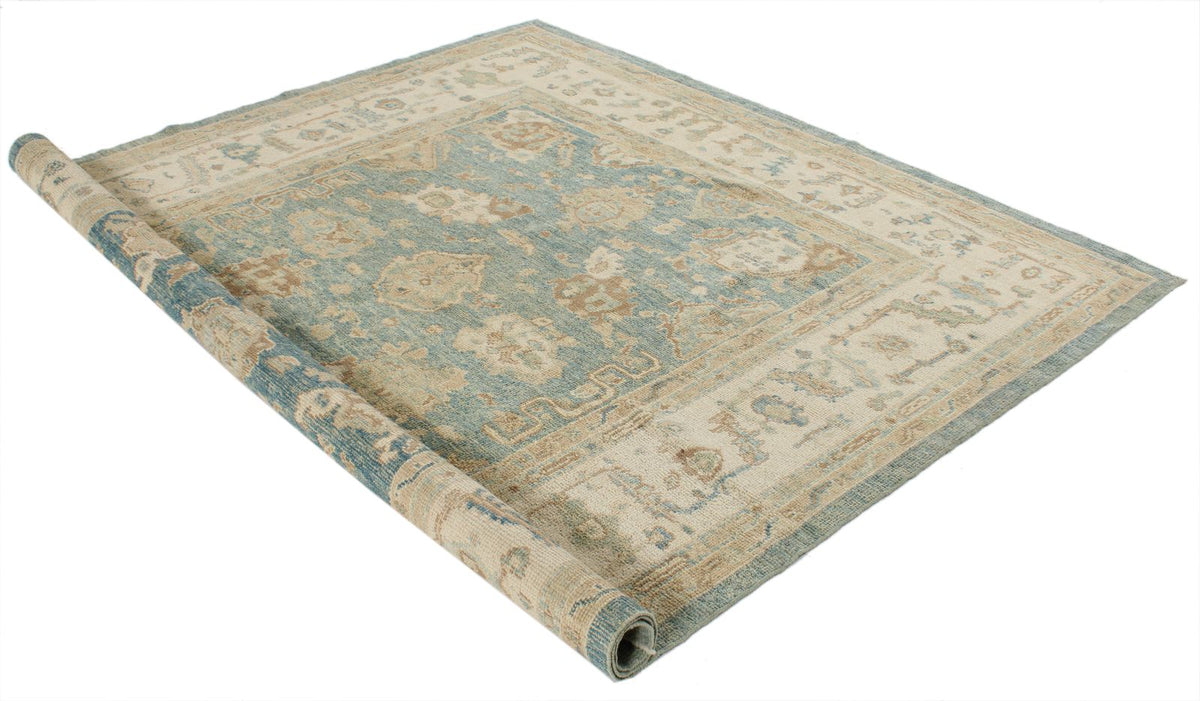 7x8 Blue and Ivory Turkish Oushak Rug