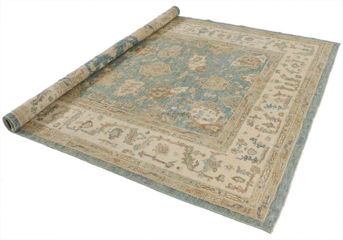 7x8 Blue and Ivory Turkish Oushak Rug