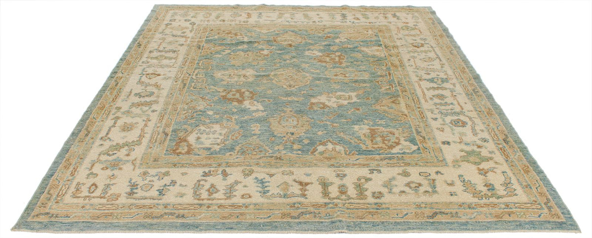 7x8 Blue and Ivory Turkish Oushak Rug
