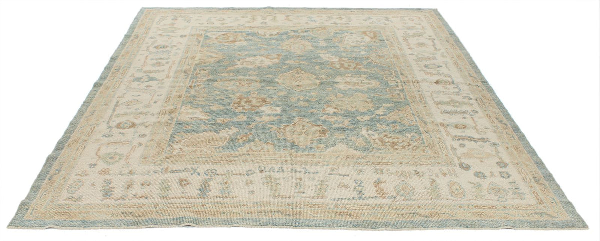 7x8 Blue and Ivory Turkish Oushak Rug