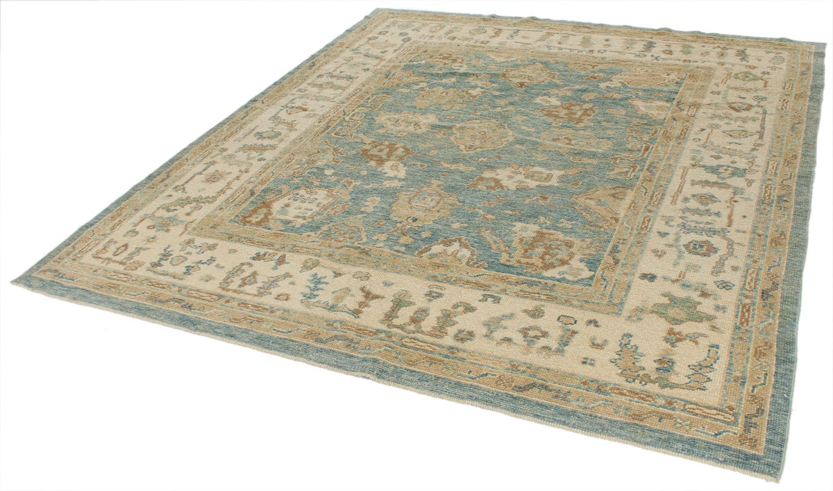 7x8 Blue and Ivory Turkish Oushak Rug
