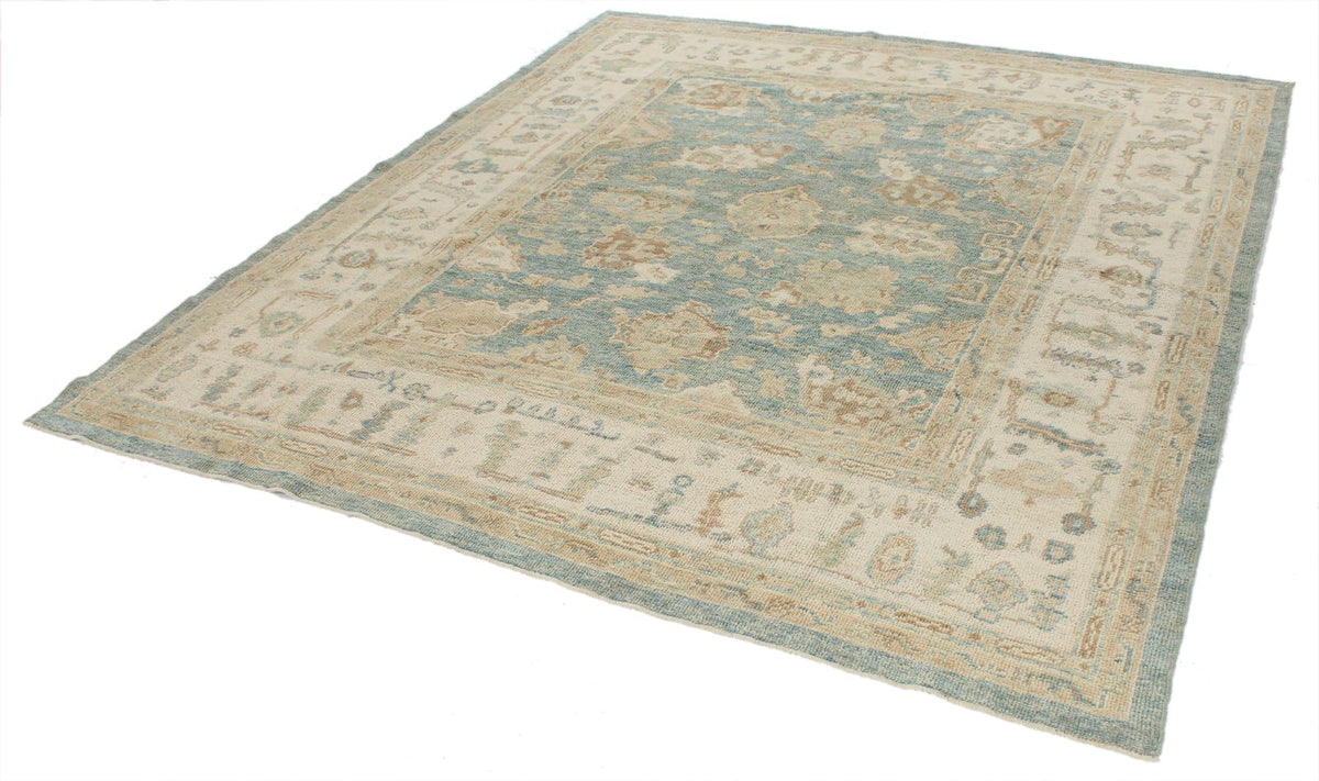 7x8 Blue and Ivory Turkish Oushak Rug