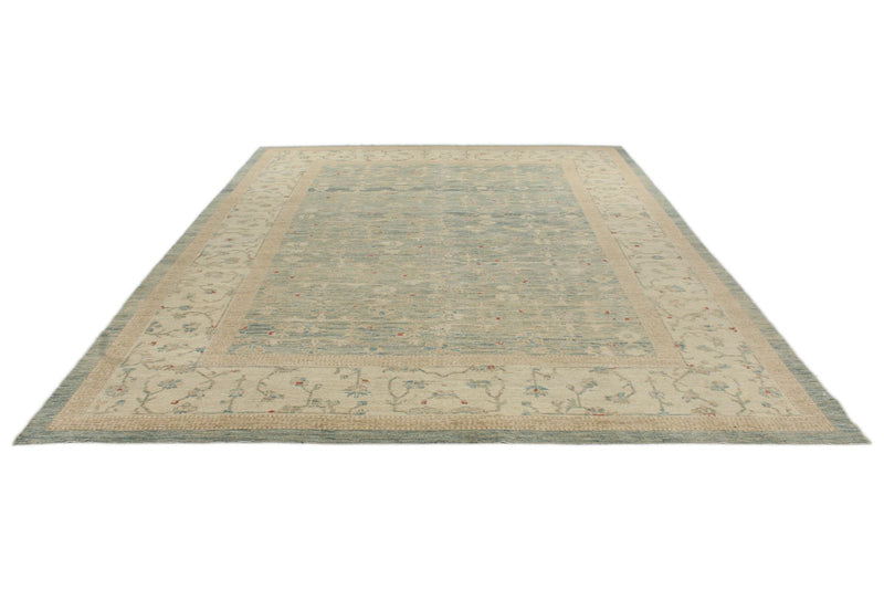 9x13 Blue and Ivory Turkish Oushak Rug