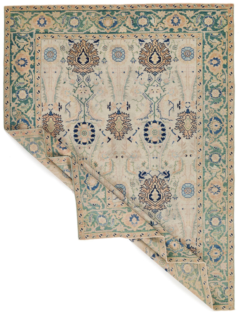 5x7 Ivory and Green Turkish Oushak Rug