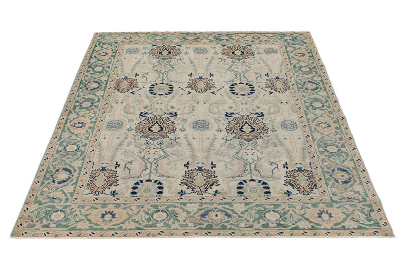 5x7 Ivory and Green Turkish Oushak Rug