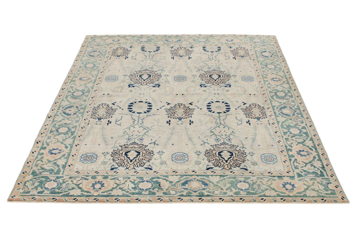 5x7 Ivory and Green Turkish Oushak Rug