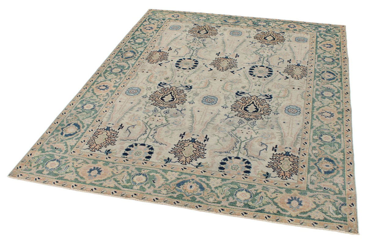 5x7 Ivory and Green Turkish Oushak Rug