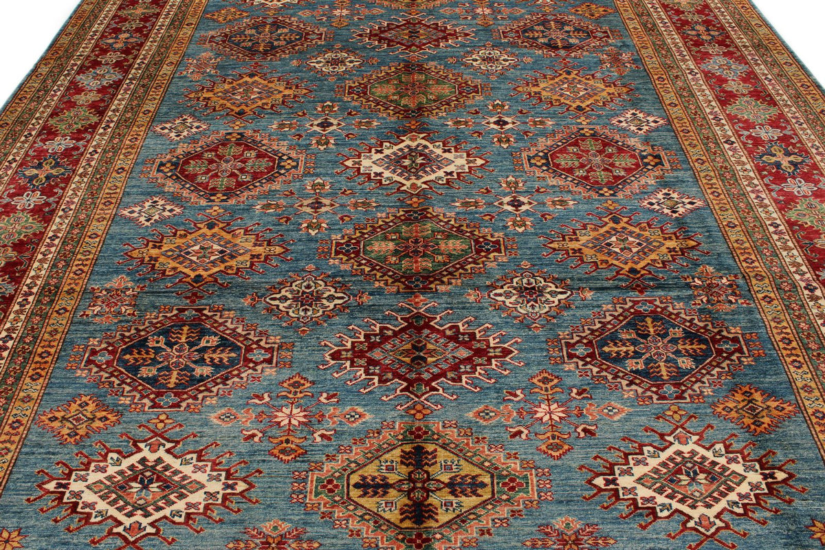 9x11 Light Blue and Red Kazak Tribal Rug