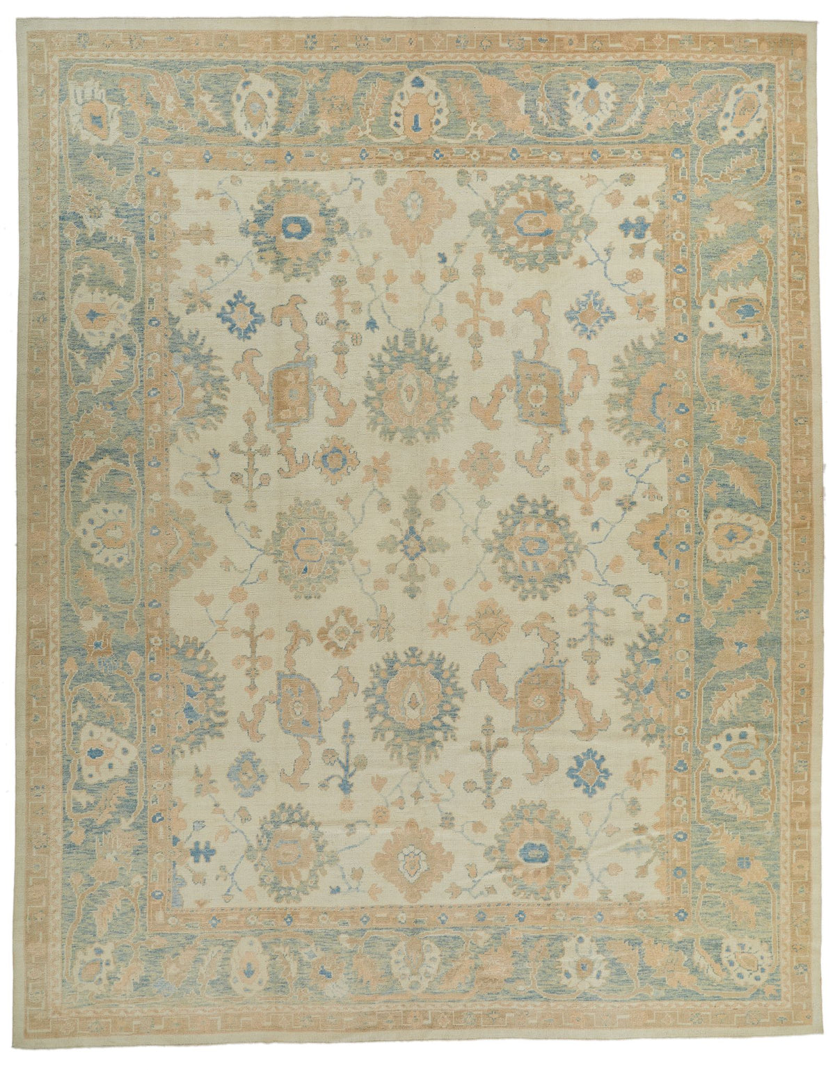 12x15 Ivory and Blue Turkish Oushak Rug