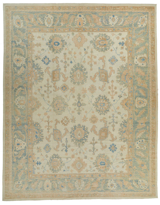 12x15 Ivory and Blue Turkish Oushak Rug