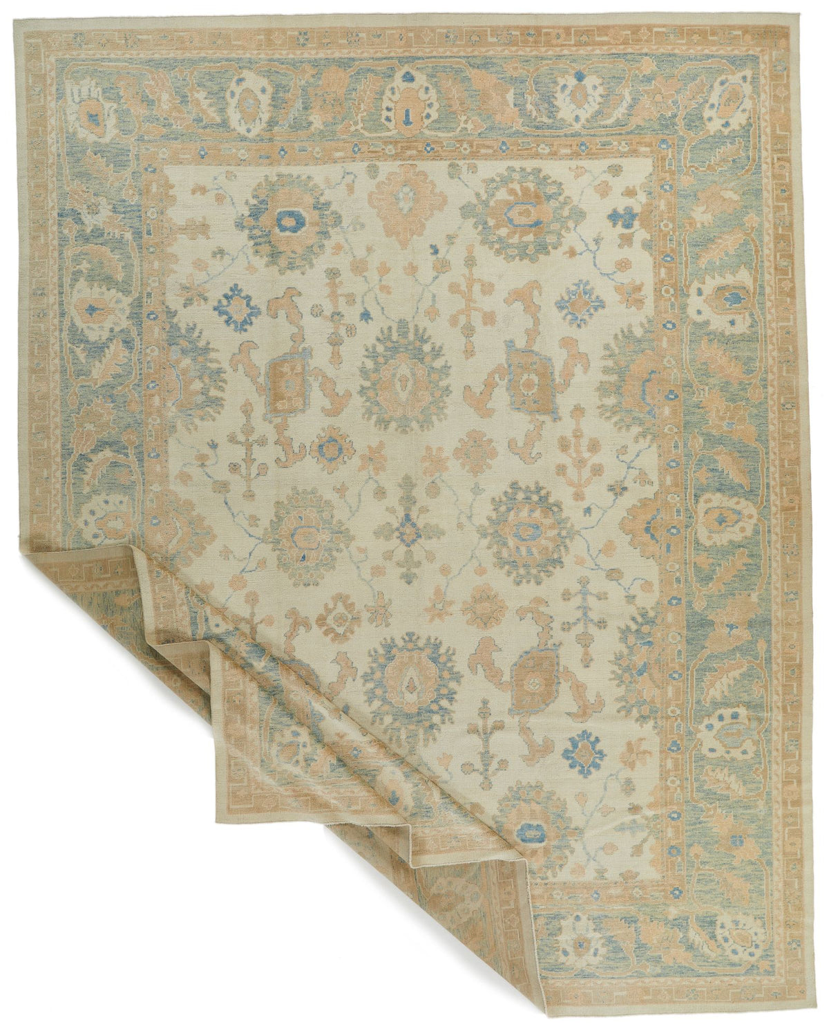 12x15 Ivory and Blue Turkish Oushak Rug