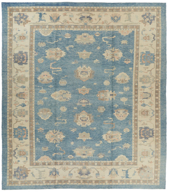 13x15 Blue and Ivory Turkish Oushak Rug