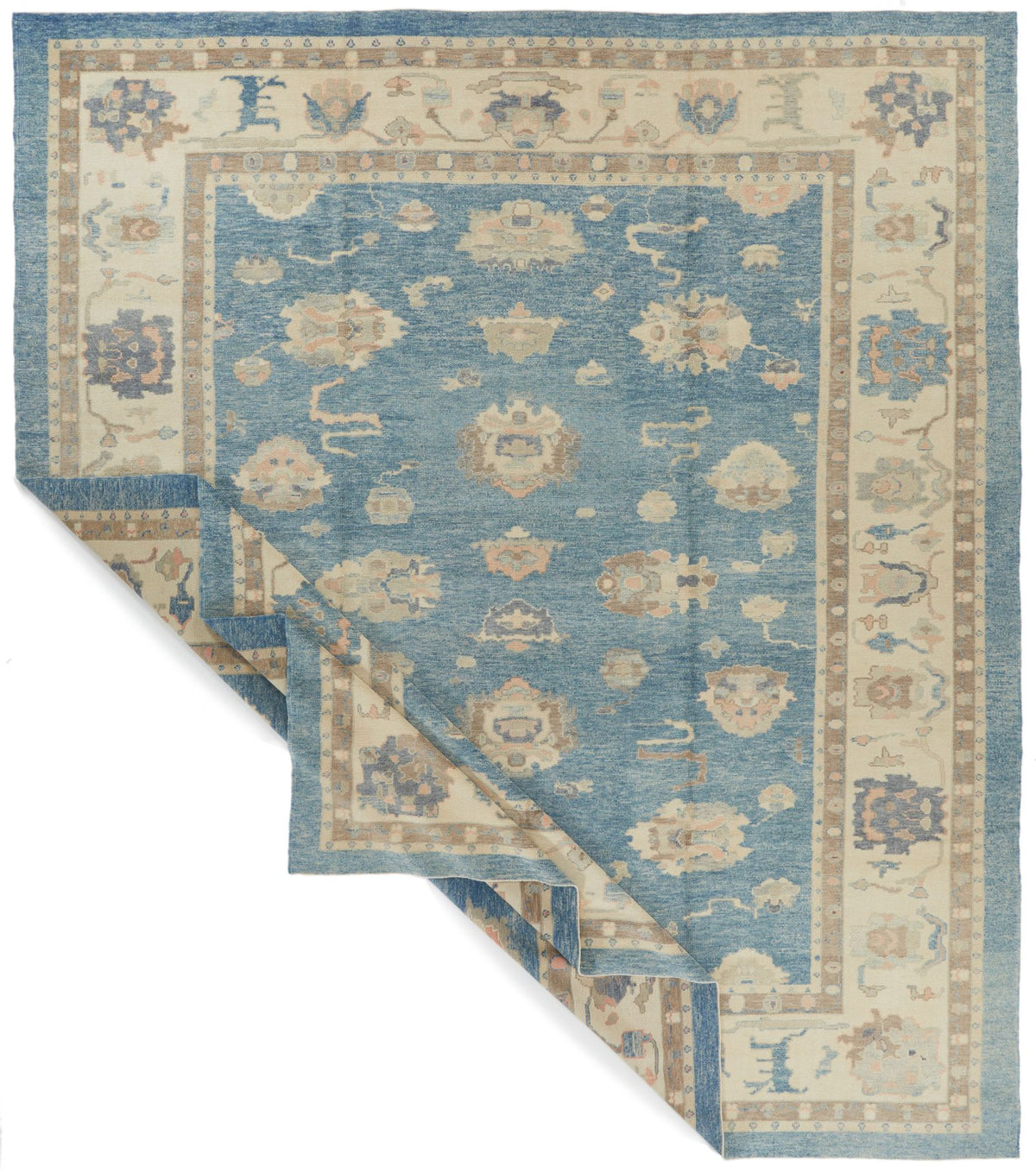 13x15 Blue and Ivory Turkish Oushak Rug