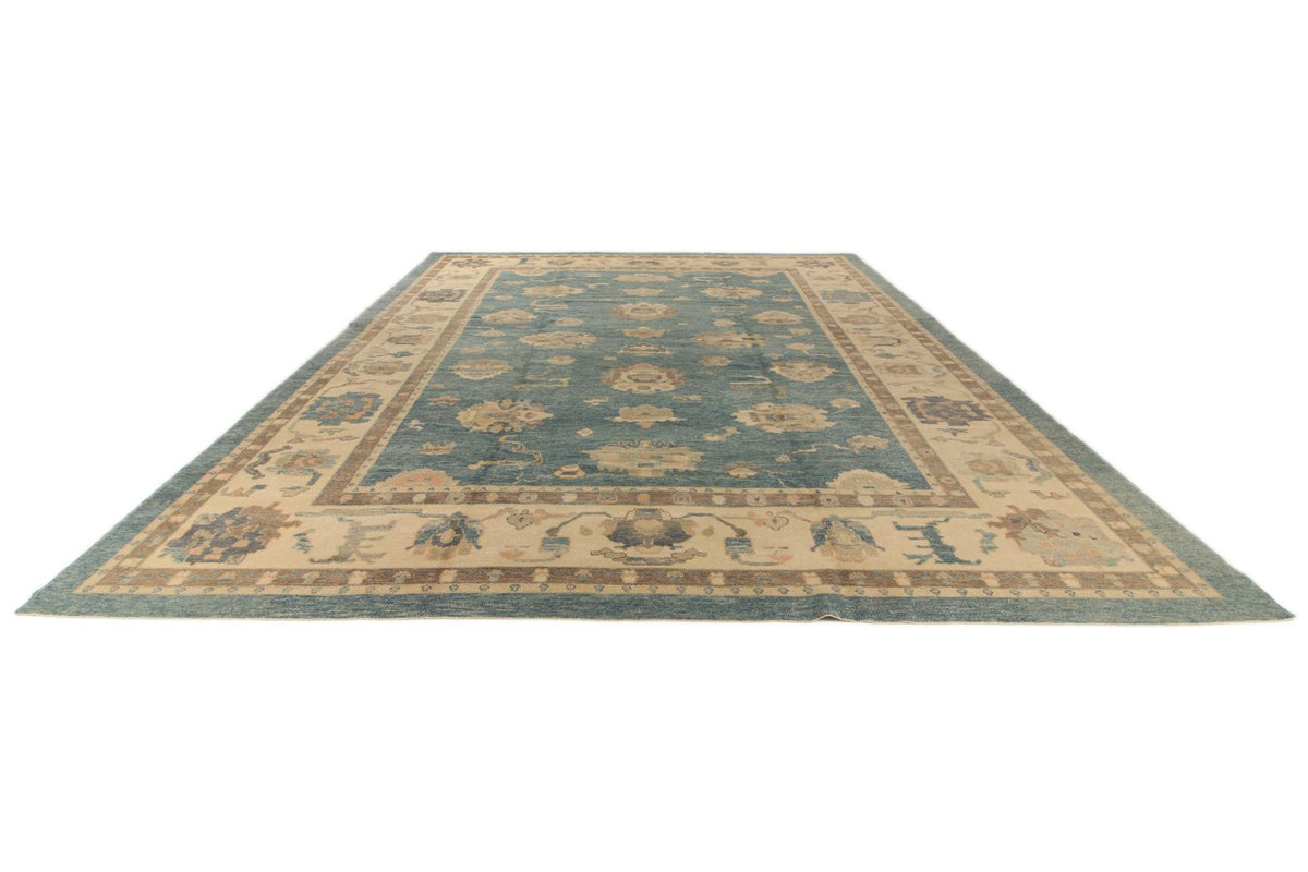 13x15 Blue and Ivory Turkish Oushak Rug