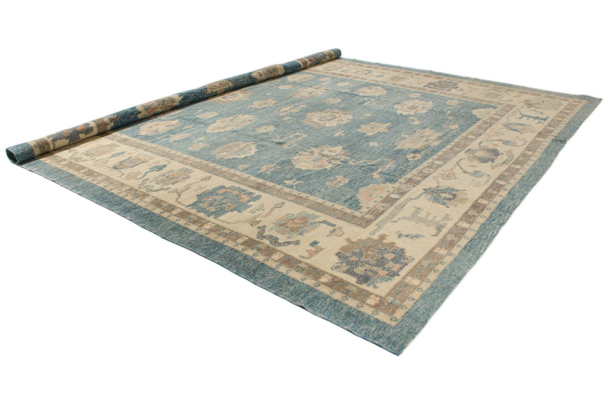 13x15 Blue and Ivory Turkish Oushak Rug