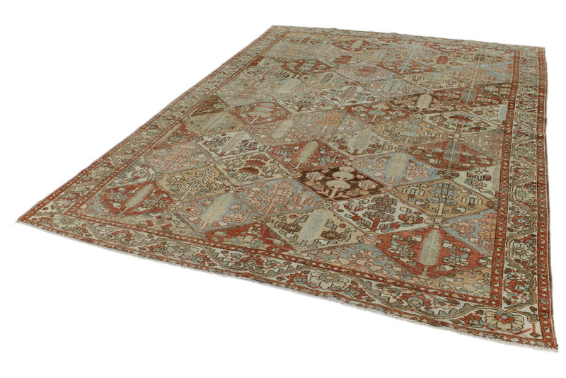 7x9 Rust and Ivory Persian Bahtiyari Distressed Area Rug