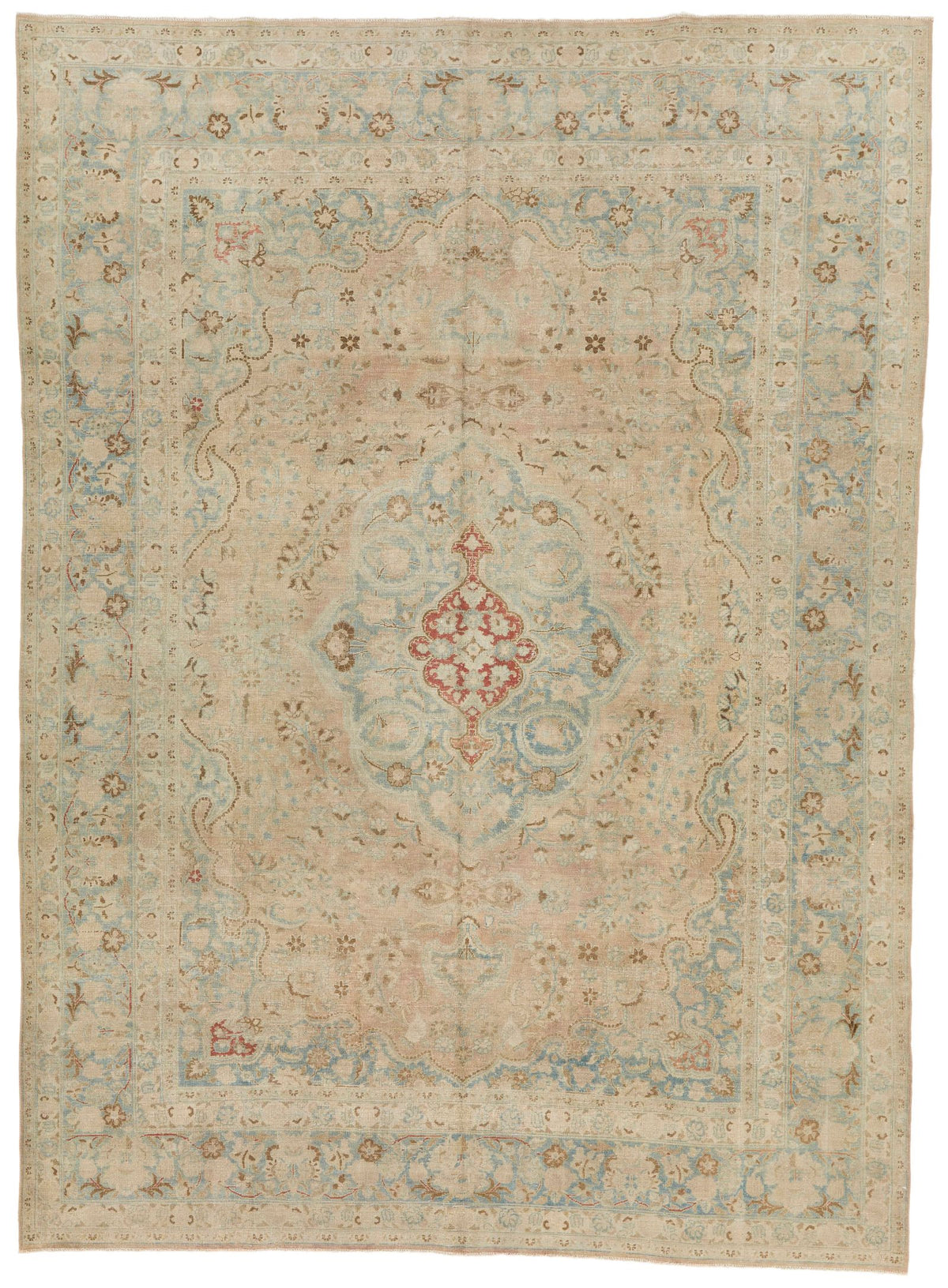 8x11 Ivory and Blue Persian Tabriz Distressed Area Rug