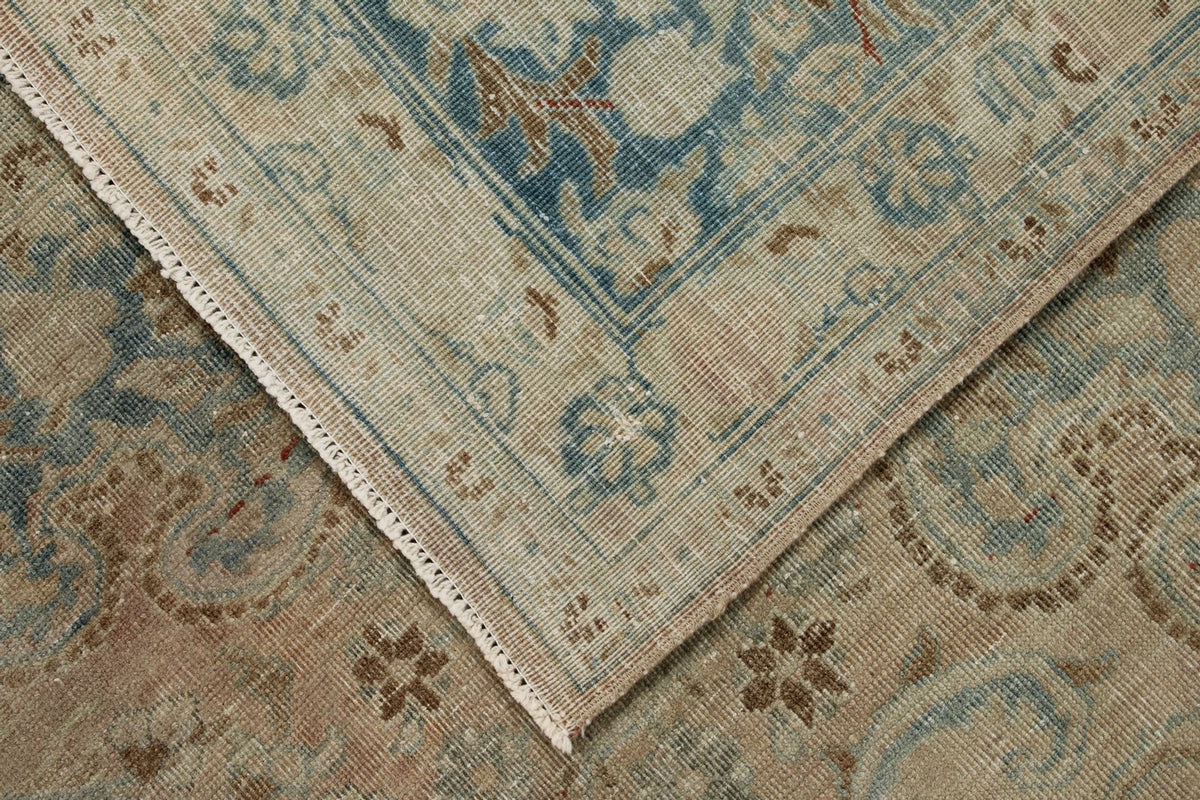 8x11 Ivory and Blue Persian Tabriz Distressed Area Rug