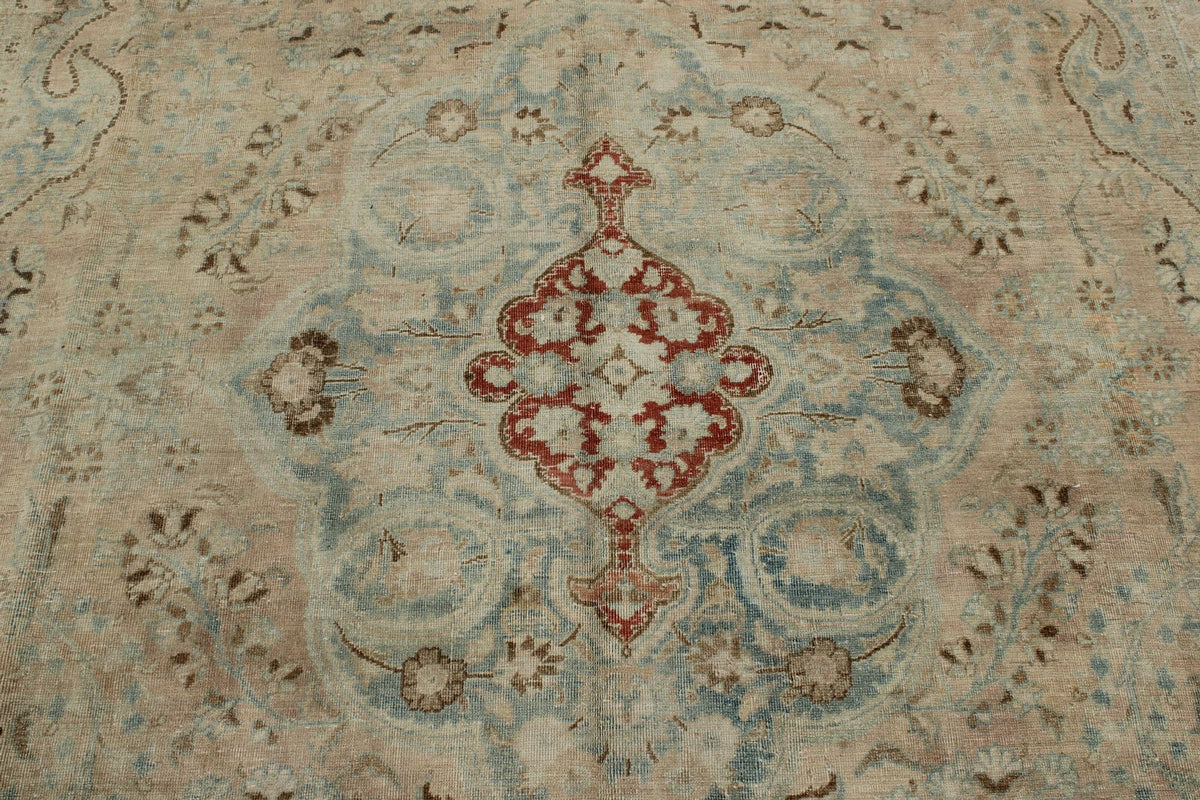 8x11 Ivory and Blue Persian Tabriz Distressed Area Rug