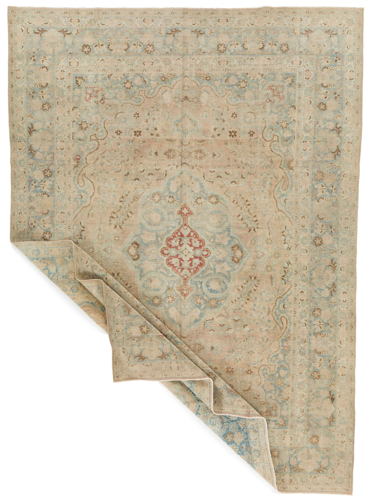 8x11 Ivory and Blue Persian Tabriz Distressed Area Rug