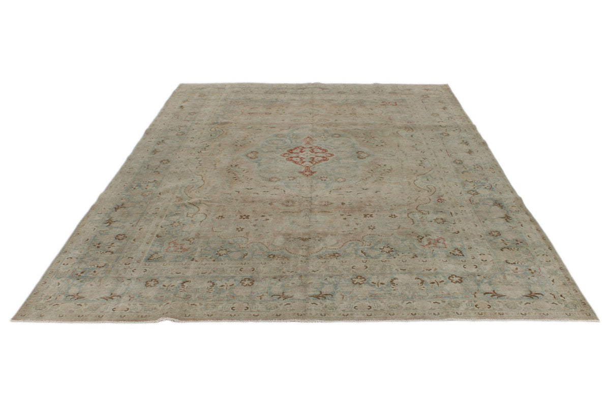 8x11 Ivory and Blue Persian Tabriz Distressed Area Rug