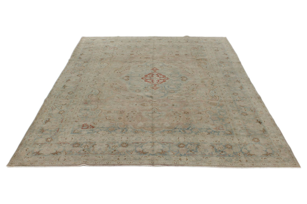 8x11 Ivory and Blue Persian Tabriz Distressed Area Rug