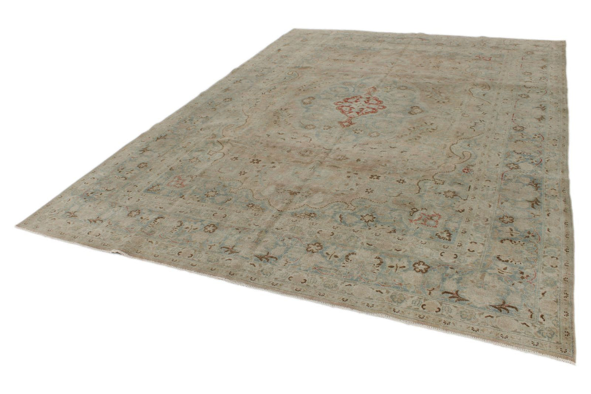 8x11 Ivory and Blue Persian Tabriz Distressed Area Rug