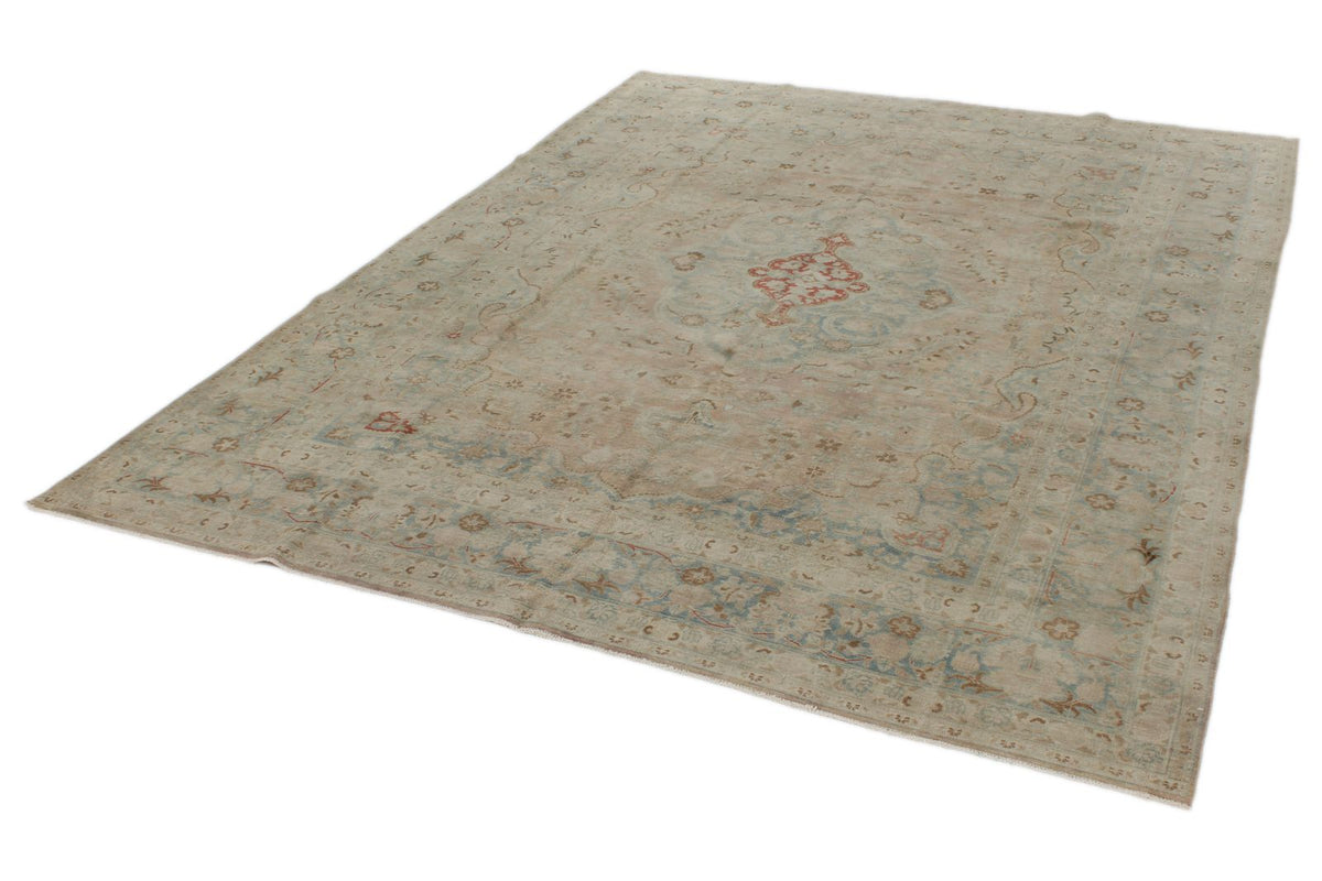 8x11 Ivory and Blue Persian Tabriz Distressed Area Rug
