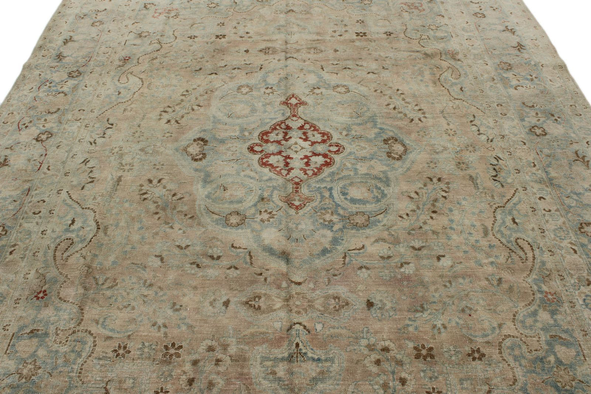 8x11 Ivory and Blue Persian Tabriz Distressed Area Rug
