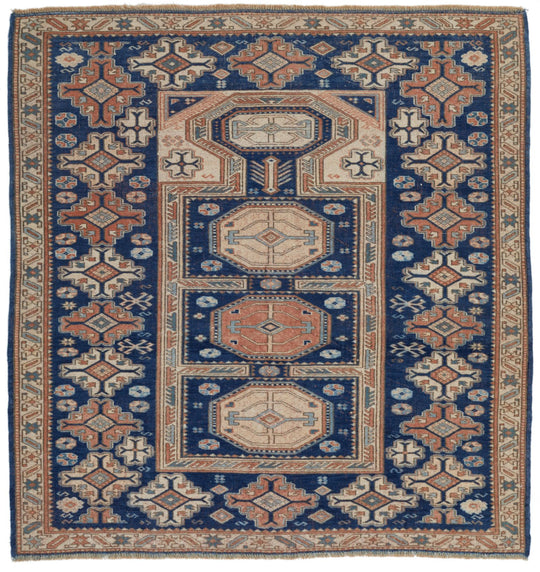 5x5 Navy and Ivory Kazak Tribal Rug