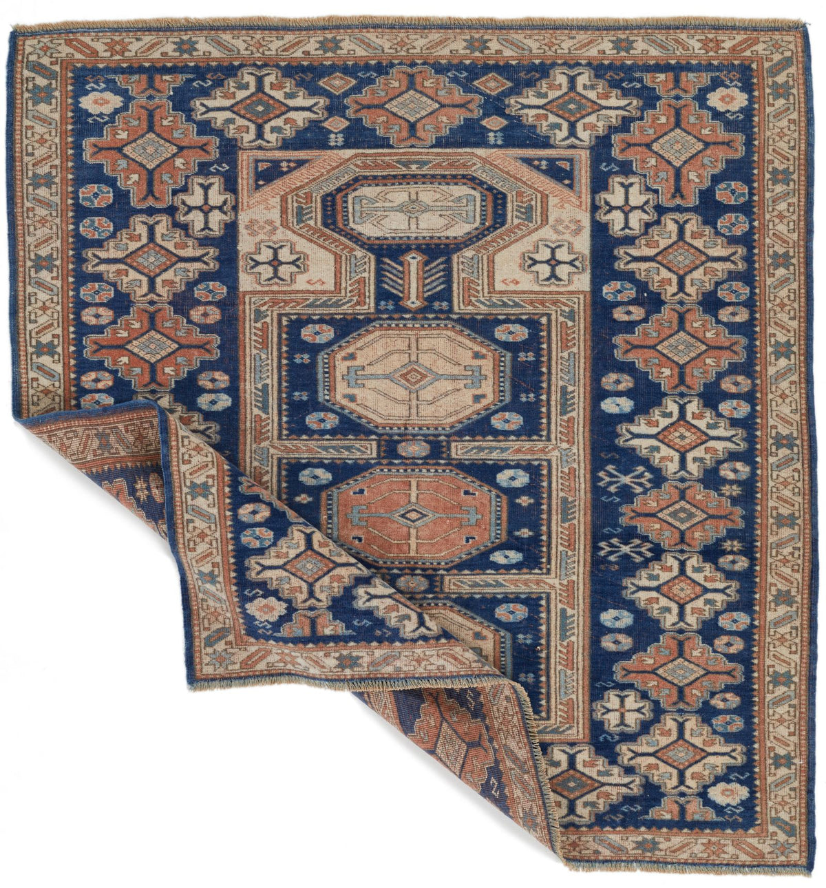 5x5 Navy and Ivory Kazak Tribal Rug