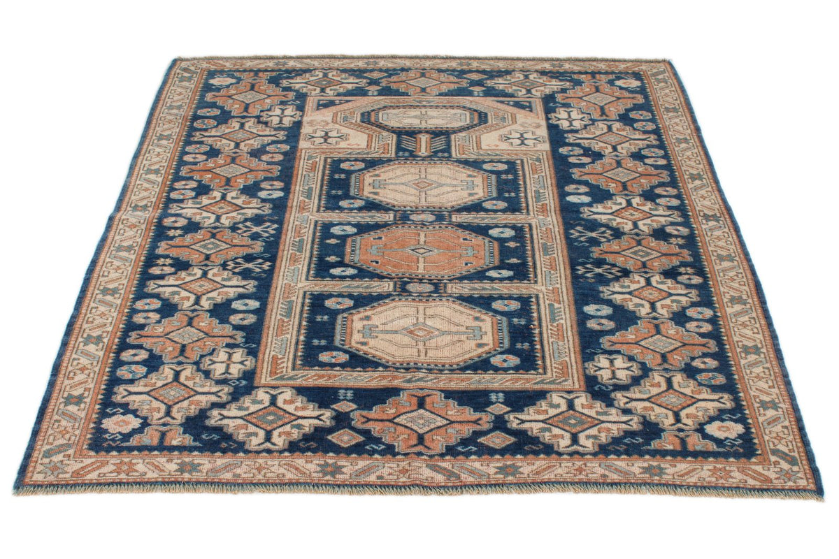 5x5 Navy and Ivory Kazak Tribal Rug