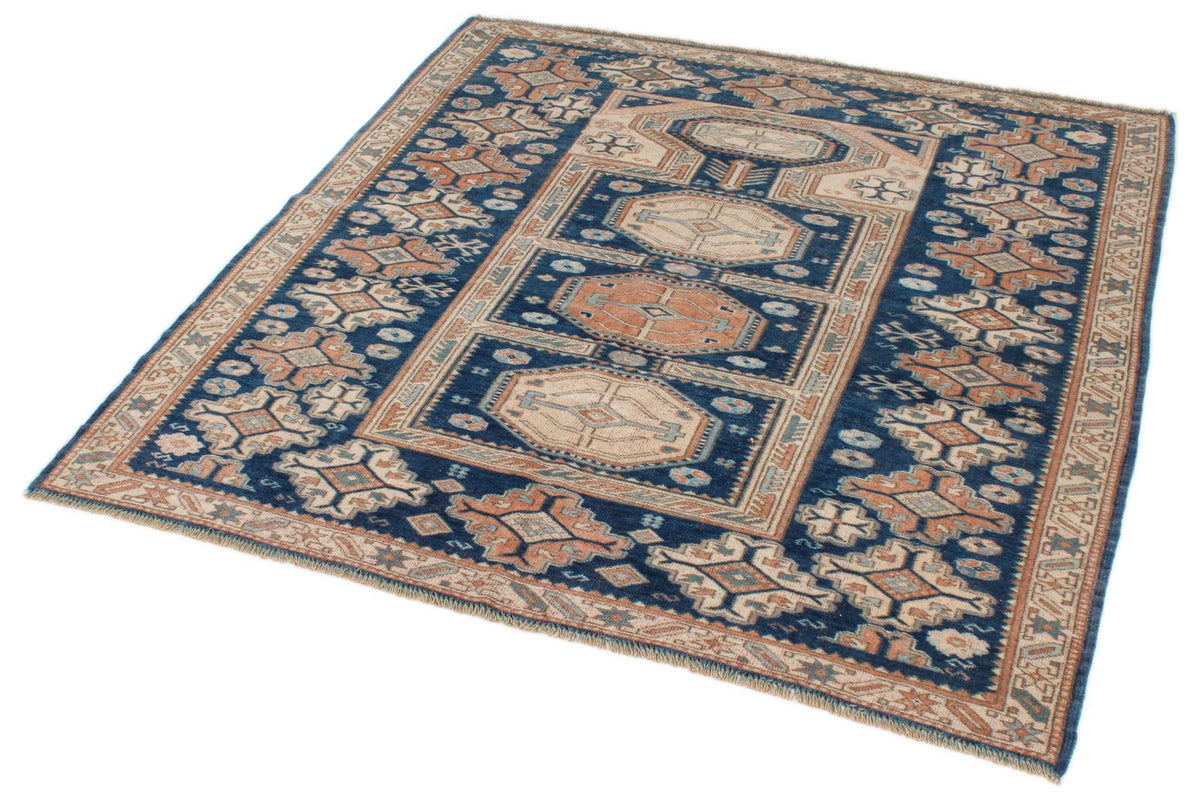 5x5 Navy and Ivory Kazak Tribal Rug